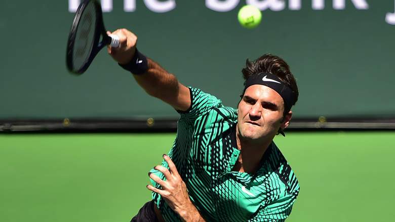 Federer in action in the final against compatriot Stan Wawrinka