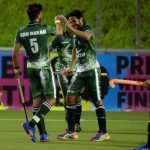 Pakistan’s Abu Mahmood celebrates scoring one of his three goals against New Zealand