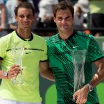 Roger Federer & Rafael Nadal with their trophies