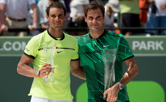 Roger Federer & Rafael Nadal with their trophies